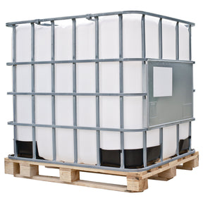 Introducing the Super Universal Oil WBTO by Sparex, a 1000-liter IBC container featuring a large white industrial design with a sturdy metal frame mounted on a wooden pallet, perfect for storing hydraulic fluid.