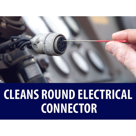A hand using a cleaning tool to clean a round electrical connector with a caption below reading "CLEANS FEMALE BULLET CONNECTOR WITH SPAREX SUPER HARD DIAMOND-COATED ROUND MICRO FILES - S.151751.