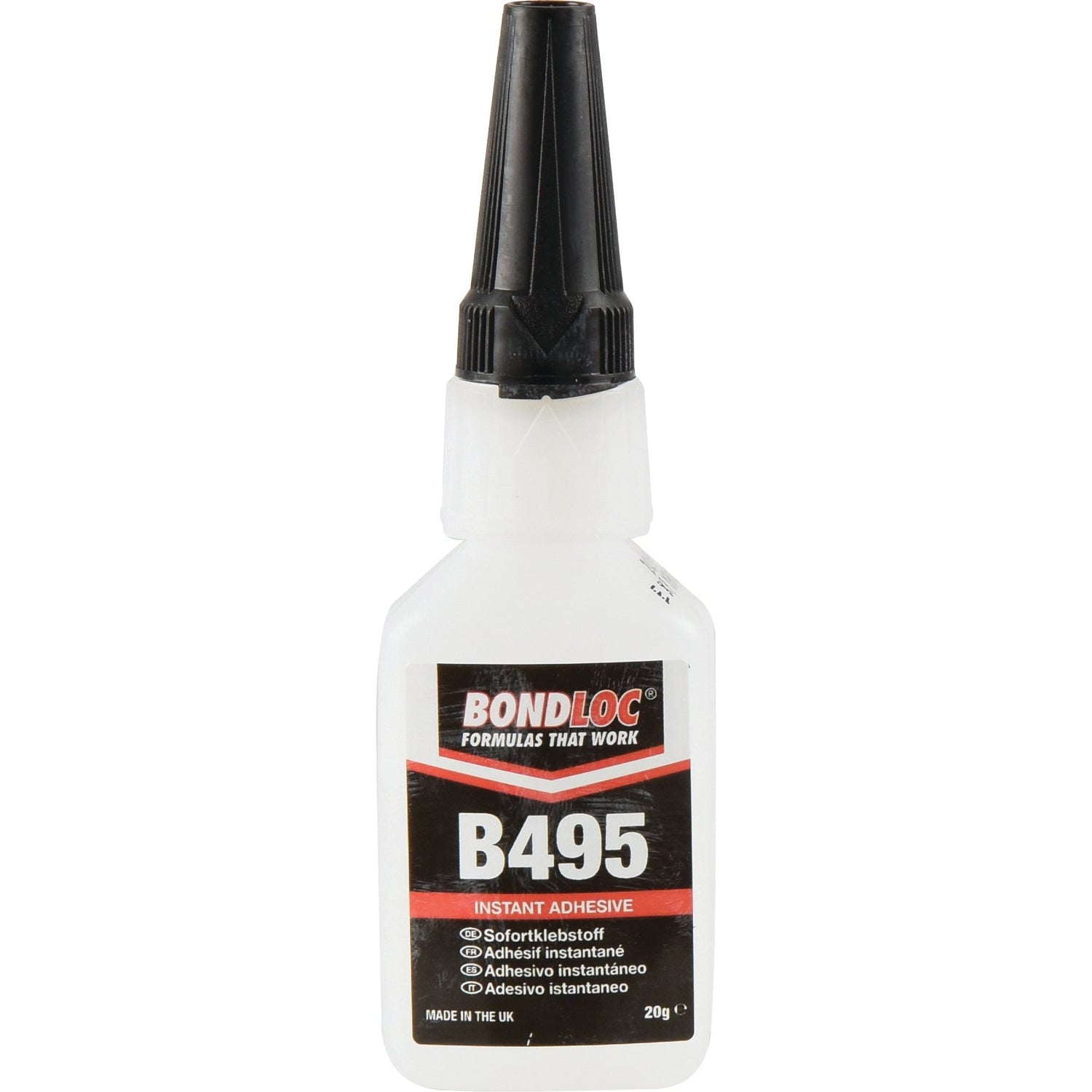 A 20g white plastic bottle labeled "Superglue Adhesive B495" with a black nozzle and cap, featuring the Sparex brand and Sparex Part No. S.24082. The label includes text in multiple languages and indicates that the product is made in the UK.