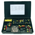 The Sparex Assorted Superseal Block Connectors (Handipak 228 pcs.) - S.792379 plastic organizer box contains 228 pieces of various automotive electrical connectors, pins, and wire seals, with labels displaying part numbers on the inside of the lid.