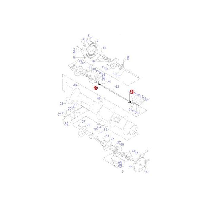 Exploded view diagram of a mechanical assembly for a Massey Ferguson Combine, showcasing numbered parts and labels. Key parts, highlighted in red with the numbers 20 and 25, correspond to crucial components that include the Massey Ferguson Support Finger (D28250585) by AGCO, which you can identify by its serial number.