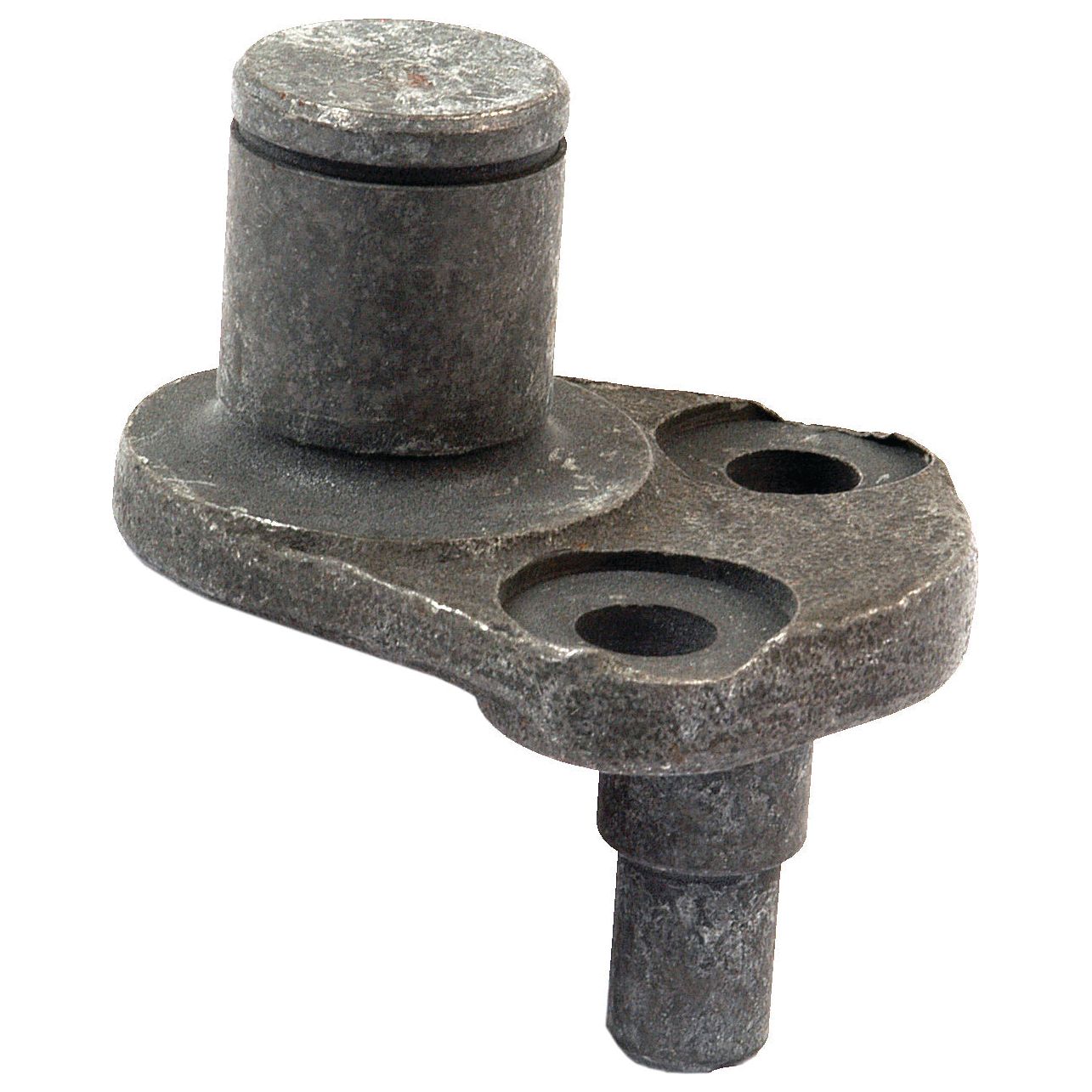 Close-up of a metal automotive engine component with a cylindrical part and two holes for mounting, resembling the Sparex Support Peg, Part No. S.42027, commonly used in Massey Ferguson brake systems. The surface appears slightly worn.