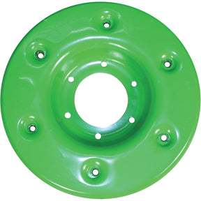 A shiny, green, round metal disc with six bolt holes evenly spaced around its circular edge, the Support Saucer (OD: 365mm), is suitable for Deutz-Fahr models and compatible with Sparex components such as Part No. S.119604 (Replacement for Deutz-Fahr To fit as: 06228357).