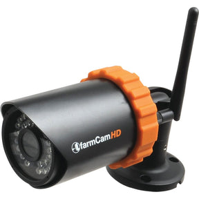 A black and orange Sparex Surveillance Farmcam HD Camera (UK) | Sparex Part No. S.150549, equipped with an antenna, mounted on a black base, and featuring a UK plug.