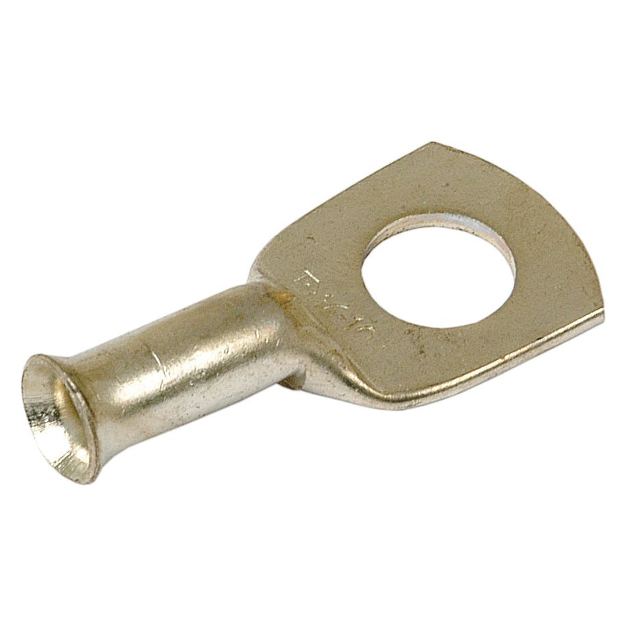 A metallic Swage On Ring Terminal 16mm² x Ø5.5mm, featuring a flat rectangular head with a circular hole and a cylindrical end for securing a wire, matches the precision of Sparex Part No. S.51795 specifications by Sparex.