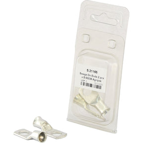 A packaged set of two Swage On Ring Terminals (35mm² x Ø8.5mm) with a label showing product code "S.21165" and barcode, perfect for various applications. The metallic items, displaying their quality, are neatly placed beside the Agripak packaging from Sparex.