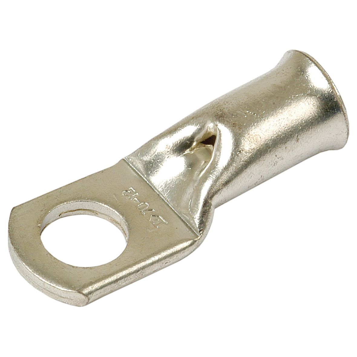 The Sparex Swage On Ring Terminal 70mm² x Ø12mm | Sparex Part No. S.79013 features a metallic lug terminal with a flattened, perforated end for connecting to a post or stud, compatible with various cable cross sections.