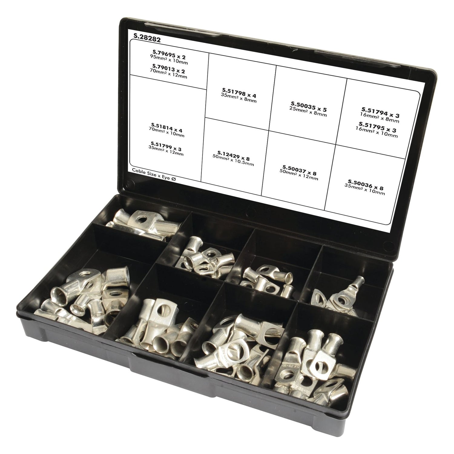 The Sparex Swage On Ring Terminal Handipak (50 pcs.) - S.28282 is a black plastic organizer box featuring twelve compartments, each containing an assortment of metallic cable lugs in various sizes. The inside lid includes a label displaying part numbers and product specifications for each type of lug, ensuring that you can quickly locate the suitable size with ease.