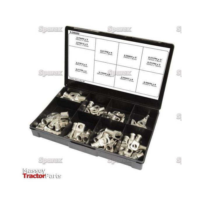 The Swage On Ring Terminal Handipak (50 pcs.) - S.28282 from Sparex is a black plastic compartment box containing various sizes of metallic connectors, complete with a labeled guide chart on the inside of the lid. Designed for Massey Tractor Parts enthusiasts, this box is both functional and organized.