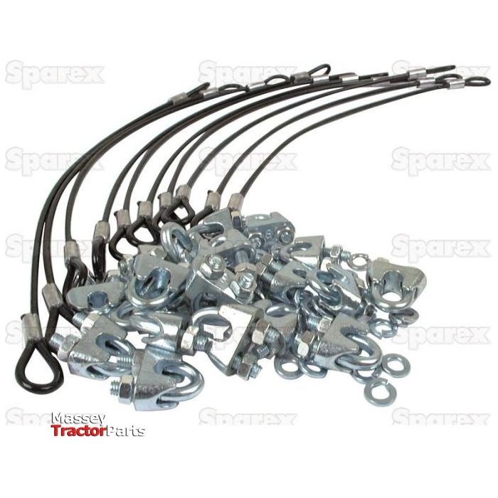 A collection of Swath turner clamps, suitable for 8mm tines, featuring looped ends and attached clamps, laid out on a surface. The background features the word "Sparex" repeatedly in light gray text, ideal for Universal Tractors (Sparex Part No.S.3845).