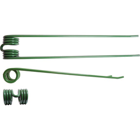 Three green metal coils of varying shapes and lengths, including a Swather/Tedder Tine (Outer Ø 58mm) with dimensions Length: 535mm, Width: 88mm, and Ø9mm - Replacement for Stoll To fit as: 0621811 (Sparex Part No.S.21313), arranged on a white background.