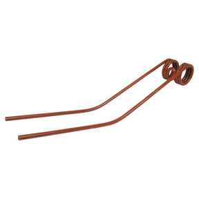 Two red metal tines with coiled ends, such as the Swather/Tedder Tine from Sparex, likely parts of a mechanical or agricultural device like those found in the Claas LINER 680.