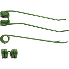 Three green metal torsion springs in various shapes and lengths are displayed on a white background, reminiscent of the durable components you might find in a Fella 1370D. These springs are Sparex Swather/Tedder Tines, designed to replace part number 539281 and suitable for models from Fella, New Holland, and Stoll.