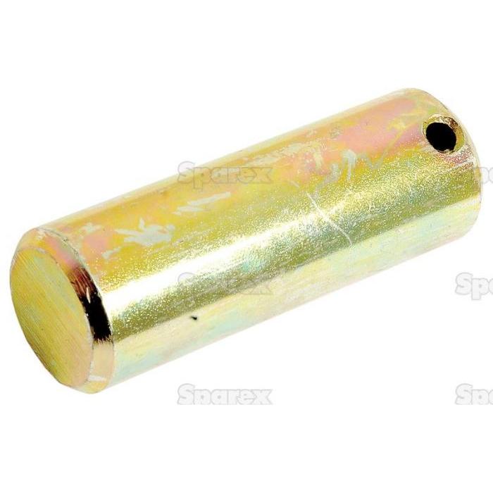 A Sparex Swinging Drawbar Retaining Pin (S.108613) with a cylindrical metal rod has a shiny, light-gold finish, featuring a flat circular base and a small Ø 6mm hole near the top end.