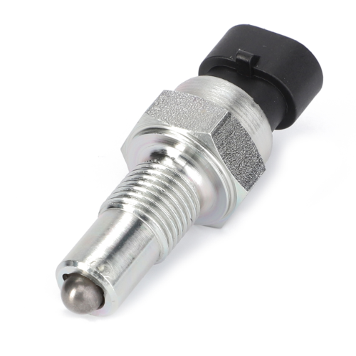 A Massey Ferguson - Switch - 3796579M1 by AGCO, featuring a metallic automotive sensor with a threaded body, black plastic connector at one end, and a rounded tip at the other end is shown against a white background. This switch is commonly used in Massey Ferguson tractor models such as the DYNA 4 and DYNA 6.