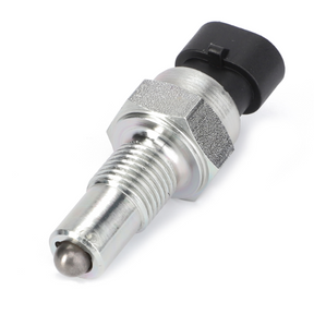 A Massey Ferguson - Switch - 3796579M1 by AGCO, featuring a metallic automotive sensor with a threaded body, black plastic connector at one end, and a rounded tip at the other end is shown against a white background. This switch is commonly used in Massey Ferguson tractor models such as the DYNA 4 and DYNA 6.