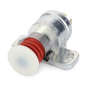 The AGCO Massey Ferguson - Switch Foot Brake (3762867M91) is a metallic push-button switch, typically used in tractor parts, featuring a white button, red spring, and two mounting holes on its base. It is ideal for use in 300 Series and Massey Ferguson models.