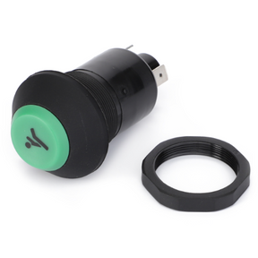 The Massey Ferguson - Switch Speed Shift - 3380337M91, by AGCO, features a green push button switch housed in a black casing with a separate black mounting ring. It is ideal for various tractor models and other agricultural equipment.