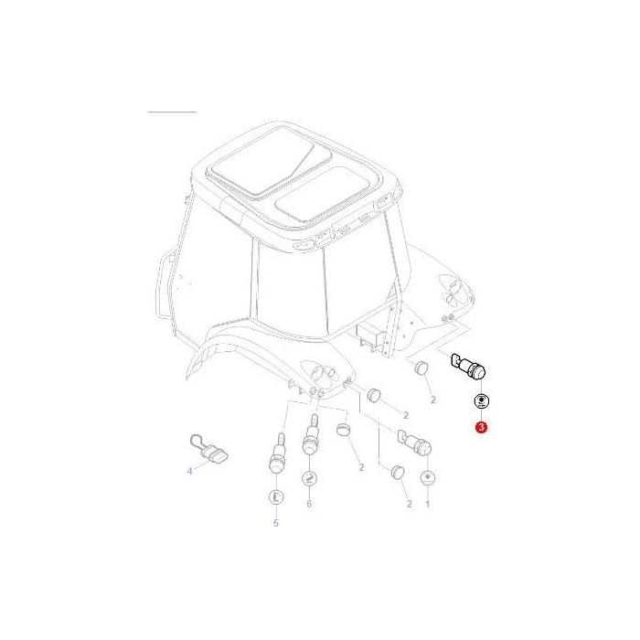 Diagram showing the assembly components for installing a jeep hardtop, with parts labeled by numbers 1-7, where part 3 is highlighted in red. Notably, this precise detailing rivals that of AGCO's Massey Ferguson Switch PTO - 4284626M2 schematics.