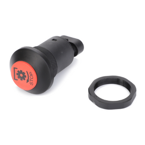 AGCO Massey Ferguson - Switch PTO Stop - 3777568M2, featuring a red emergency stop button with wiring connector and a separate black securing ring on a white background, suitable for 8200 Series Massey Ferguson models.