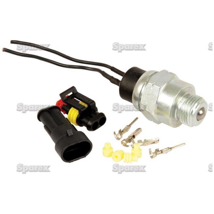 Close-up image of an electrical connector and sensor assembly with various attachments and connectors laid out. The components, suitable for a Landini 7830 or Massey Ferguson BRAZILIAN, are primarily metallic and plastic, featuring wires and pins. Includes Sparex Switch (Part No.S.107390).