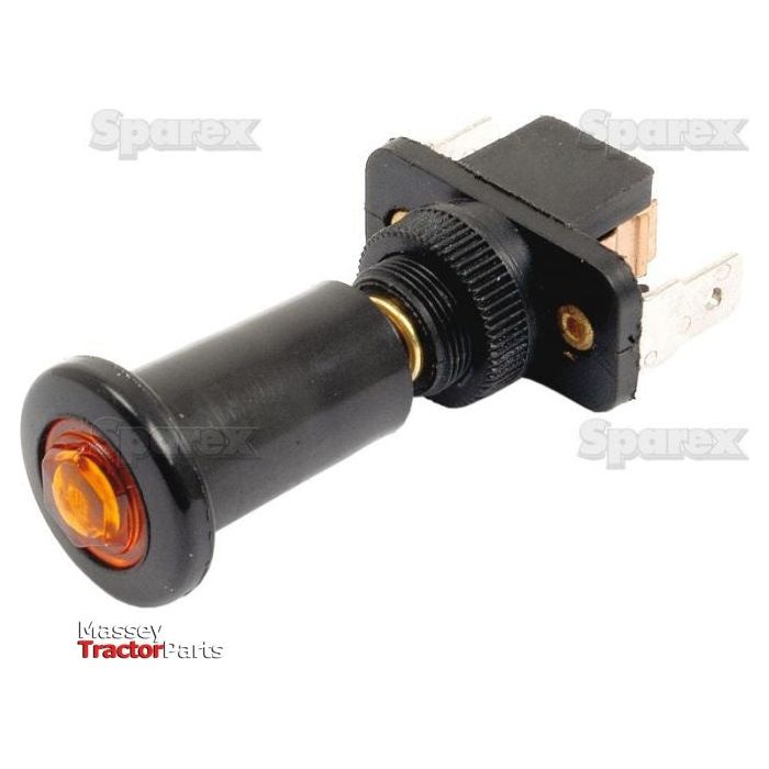 The Switch | Sparex Part No. S.14023 is a quality PUSH BUTTON STARTER SWITCH from Sparex, designed with a black housing and an orange indicator light. It features two metal prongs for electrical connections and fits a Ø 12 mm slot.