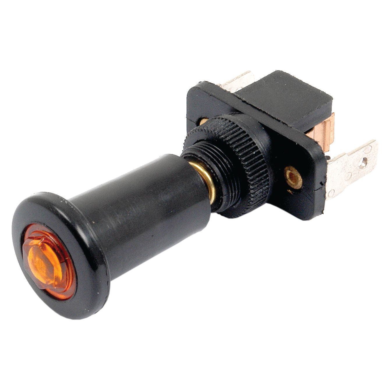 A close-up of a Sparex black push-button switch (Sparex Part No.S.14023) with a round orange indicator light, featuring metal terminals for electrical connections and fitting Ø 12 mm, ideal for SWITCH-ON/OFF applications.