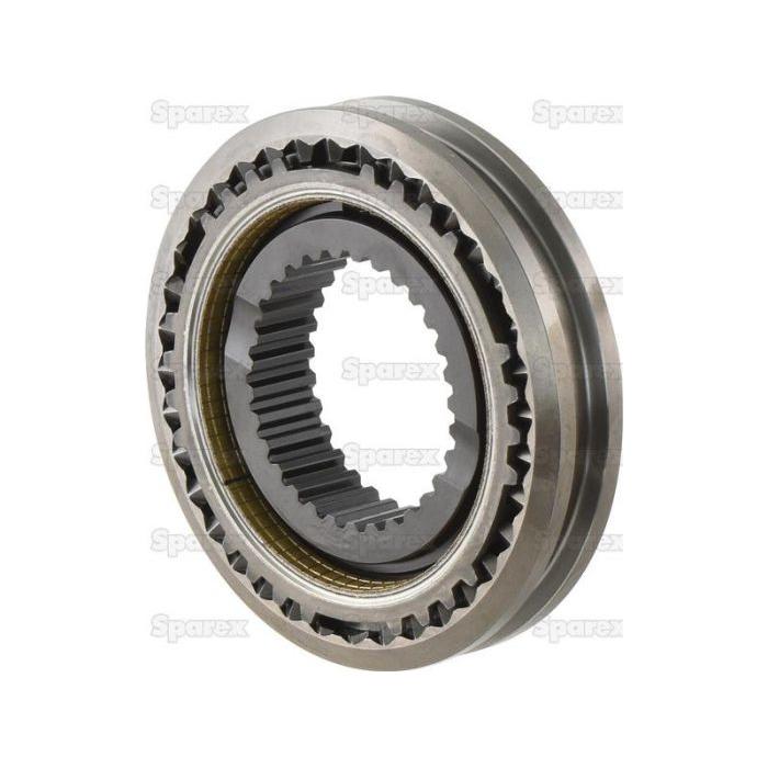 Close-up of the Synchro Assembly (Sparex Part No. S.59303) with interlocking teeth and a central hollow section. The label "Sparex" is faintly visible in the background, suggesting its application in Ford/New Holland machinery.