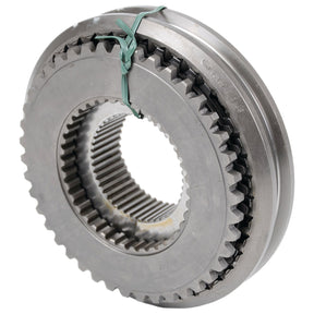 A close-up of a circular metal gear assembly with interlocking teeth, secured by a green twist tie, reminiscent of the Sparex Synchro Assembly (Sparex Part No. S.67447).