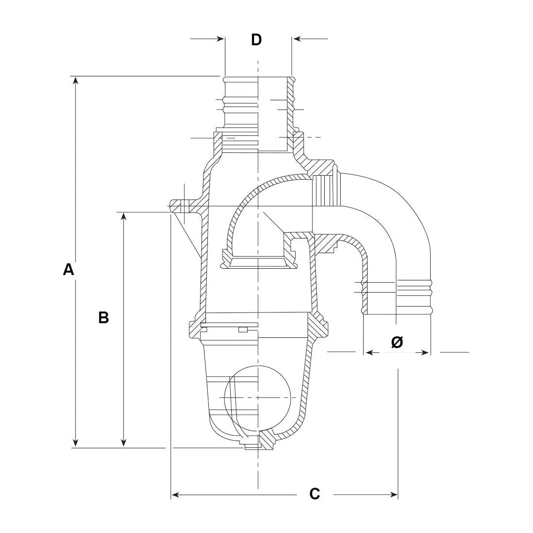 Technical drawing of a Sparex Syphon valve Ø80mm (Sparex Part No. S.59491) with labeled dimensions A, B, C, D, and Ø, depicting a cross-sectional view of interconnected pipes and fittings. Product specifications are clearly detailed.