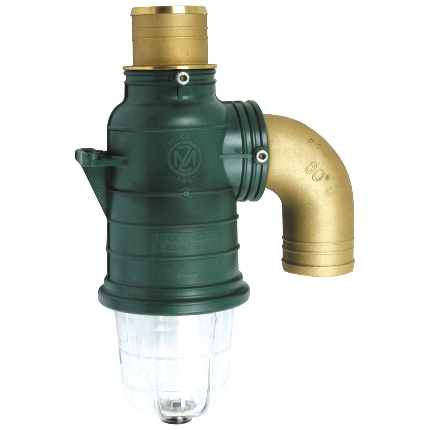 A detailed close-up of the Syphon valve Ø80mm from Sparex, featuring a green plastic and brass construction with an elbow joint and screw threads for connection. This model, Sparex Part No.S.59491, includes a clear cylindrical compartment at the bottom that highlights intricate product specifications.