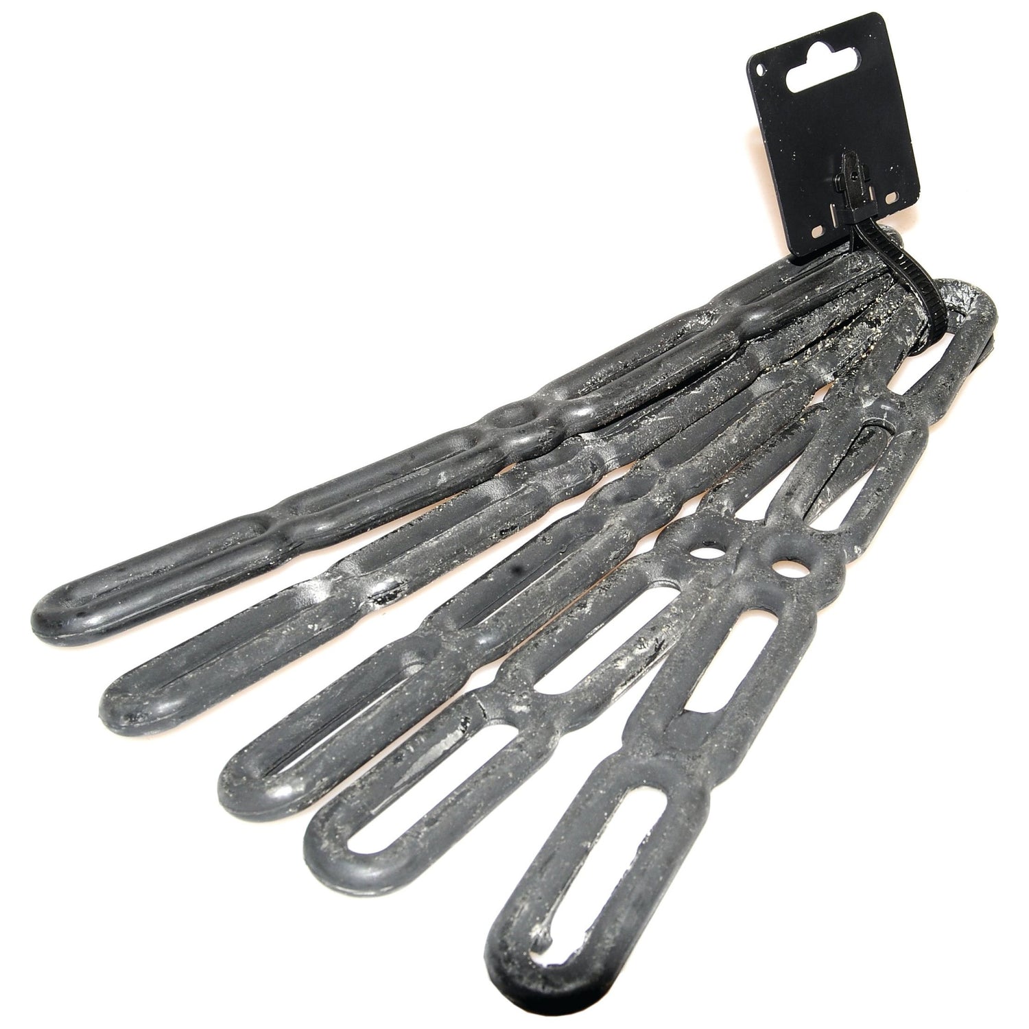 The TAG TENSIONER STRAP-RUBBER 290MM by Sparex comes in a bundle of five, featuring elongated holes for fastening and a black rectangular tag at the top providing essential manufacturing information. This versatile product is suitable for various applications.