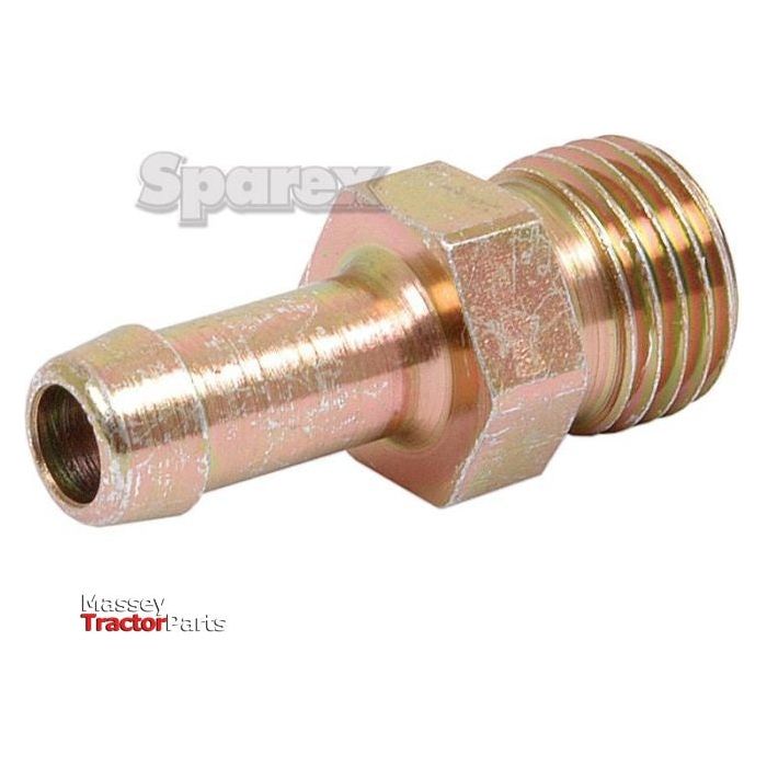 Close-up of a brass hose fitting with a threaded end and a barbed end, suitable for various applications, with the words "Sparex" and "Massey Tractor Parts" displayed in the background.