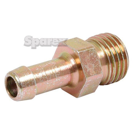 Close-up of a metallic male pipe fitting labeled with the brand name "Sparex," featuring an external threaded end (M18) on the right and a barbed end on the left, suitable for various applications. The product is identified as TAIL CONNECTOR EXT THREAD M18 - S.31295.