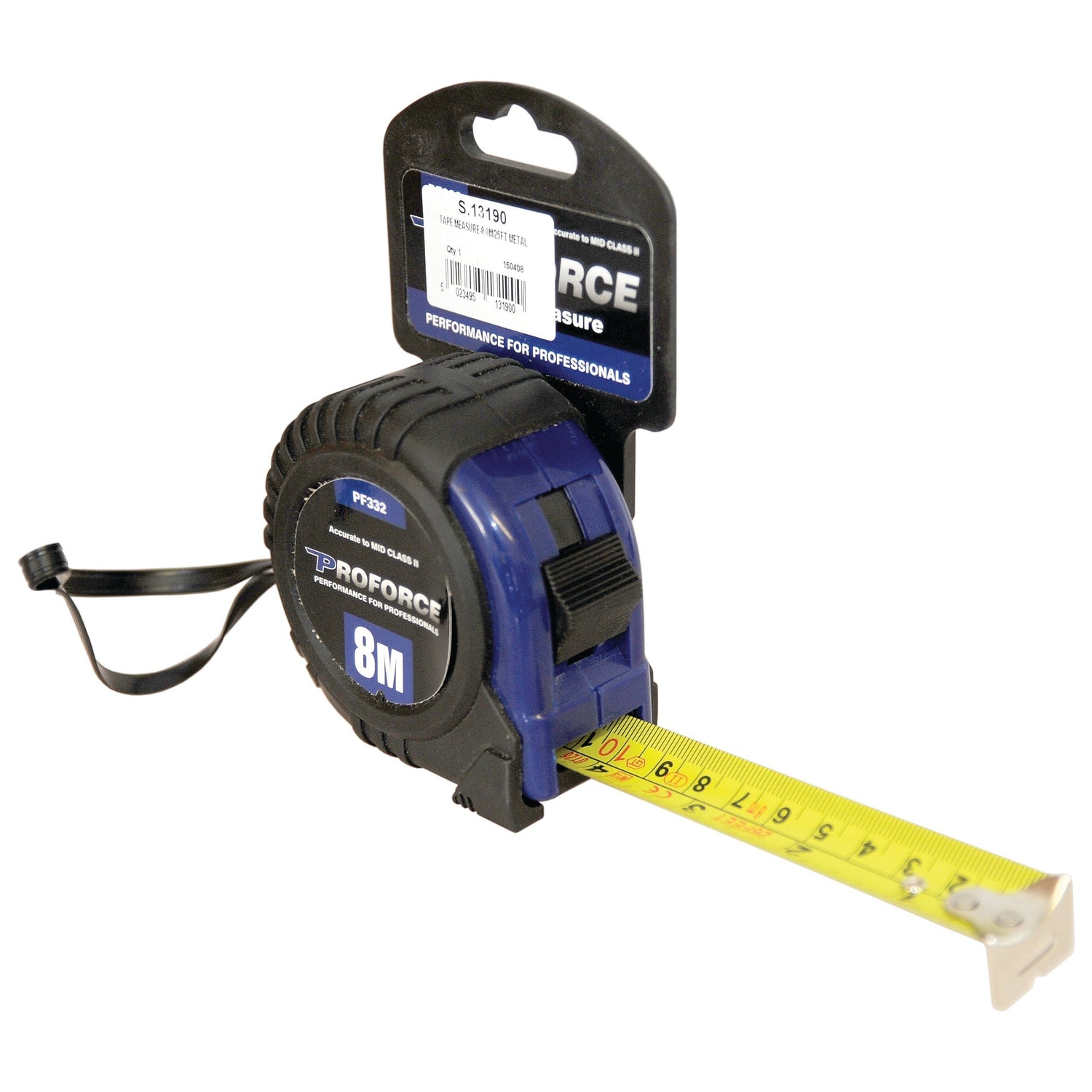 An 8-meter (26-foot) Sparex tape measure, identified by Sparex Part No. S.13190, features a black and blue exterior with a partially extended yellow steel measuring tape. It comes in packaging that displays the price and branding details. The product is designed with an impact-resistant case for enhanced durability.