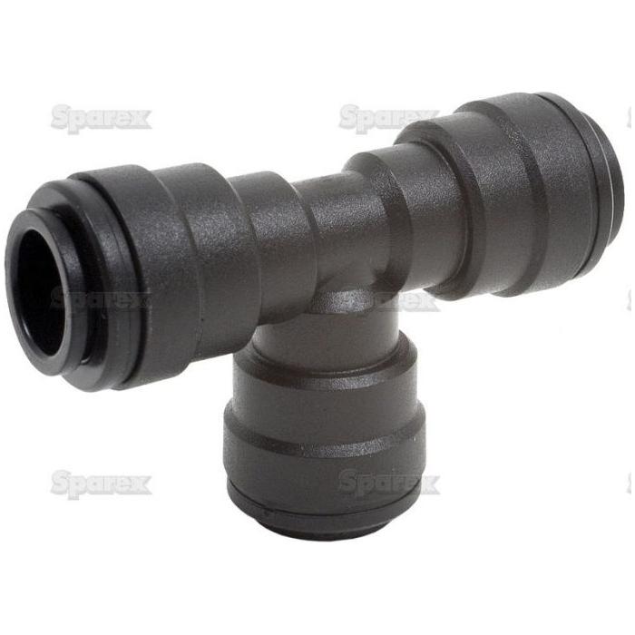 Introducing the Sparex TEE CONNECTOR 12MM - S.12604, a sleek black T-shaped pipe fitting with smooth, cylindrical ends designed for connecting three hoses or pipes. Specifically suitable for a 12mm pressure hose, it operates efficiently within a temperature range of -25°C to 75°C and can withstand pressures up to 10 bar. Displayed against a clean white background.