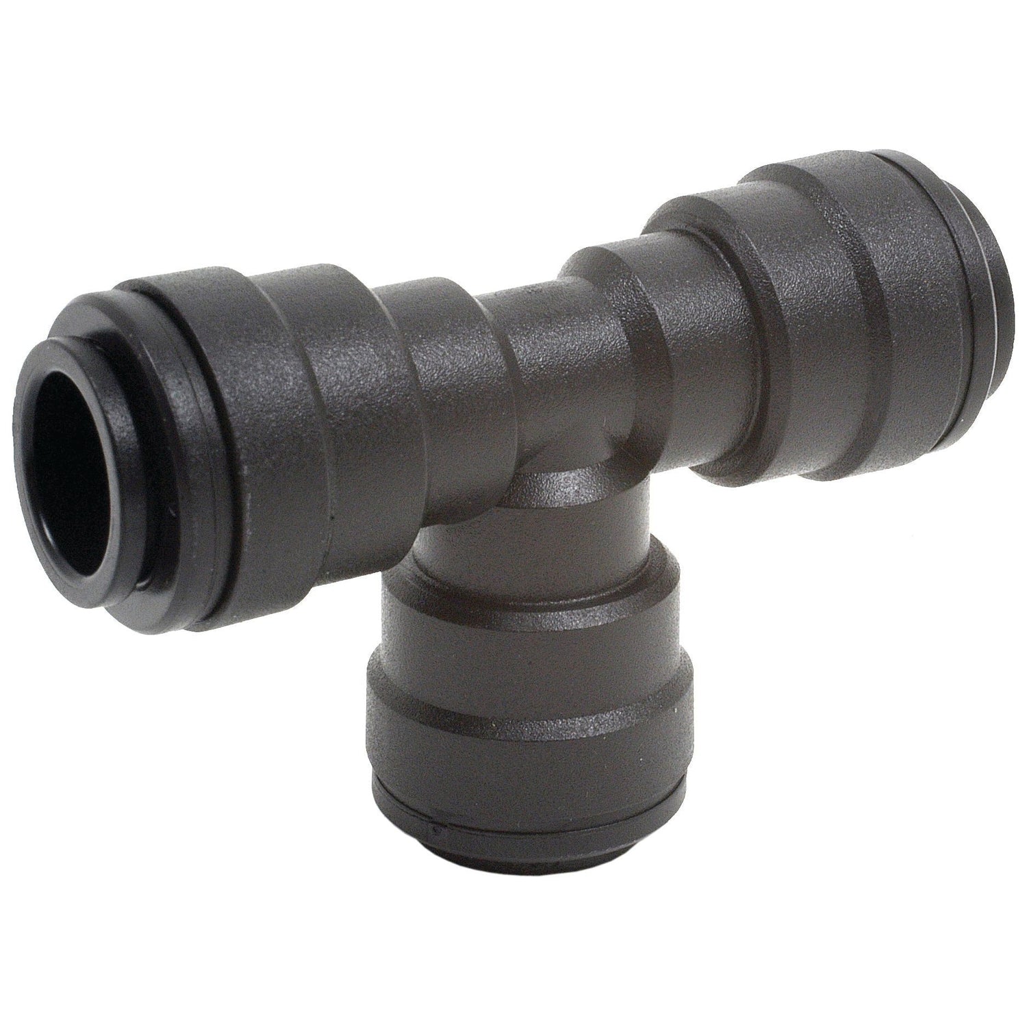The TEE CONNECTOR 12MM - S.12604 by Sparex is a black plastic T-shaped push-to-connect fitting with three openings, designed for a 12mm pressure hose and rated for operating pressures between 0-10 bar. It functions efficiently within a temperature range of -25°C to 75°C.