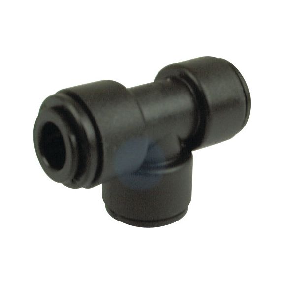 The TEE CONNECTOR 8MM - S.12600 by Sparex is a black plastic T-shaped pneumatic connector with three openings for 8mm Nominal O.D. tubes, designed for a pressure range of 0-10 bar.