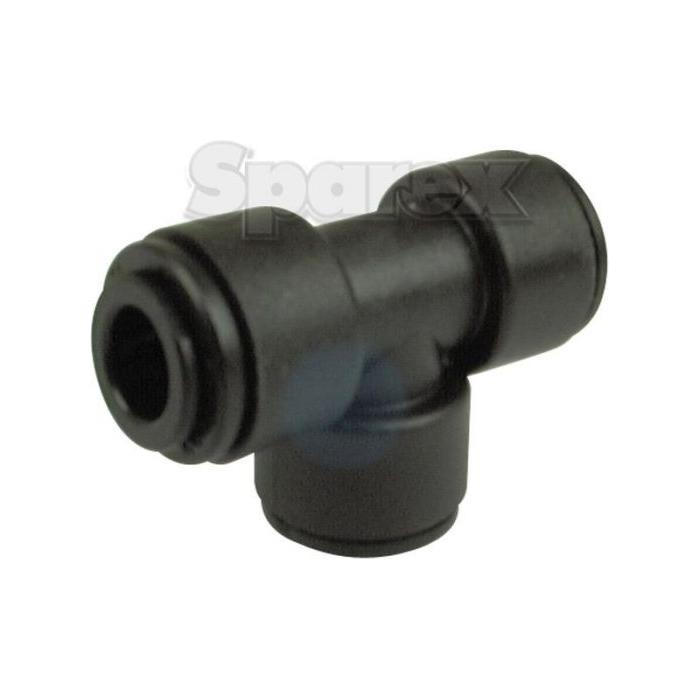 A black plastic TEE CONNECTOR 8MM - S.12600, branded "Sparex," designed for an 8mm nominal O.D., capable of handling a pressure range of 0-10 bar.