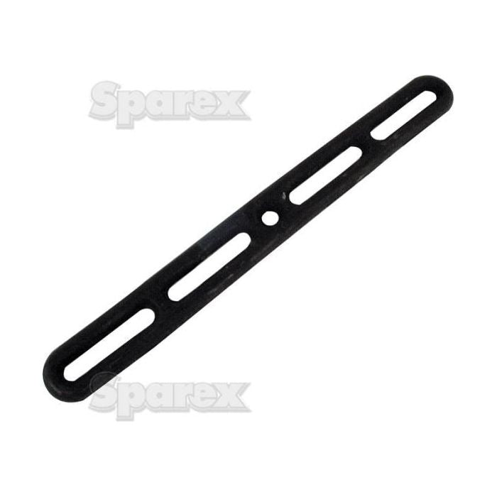 A black rubber tensioner strap, measuring 290mm, featuring elongated holes and a central hole, is displayed against a white background. Renowned for its good tension and exceptional elasticity, the strap is labeled "Sparex" in a watermarked image. This product is identified as TENSIONER STRAP-RUBBER 290MM - S.18976.