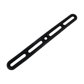The Sparex TENSIONER STRAP-RUBBER 290MM - S.18976 is a black metal slotted mounting bracket featuring three elongated holes, one central circular hole, and equipped with weather-resistant rubber tensioners to ensure excellent tension.