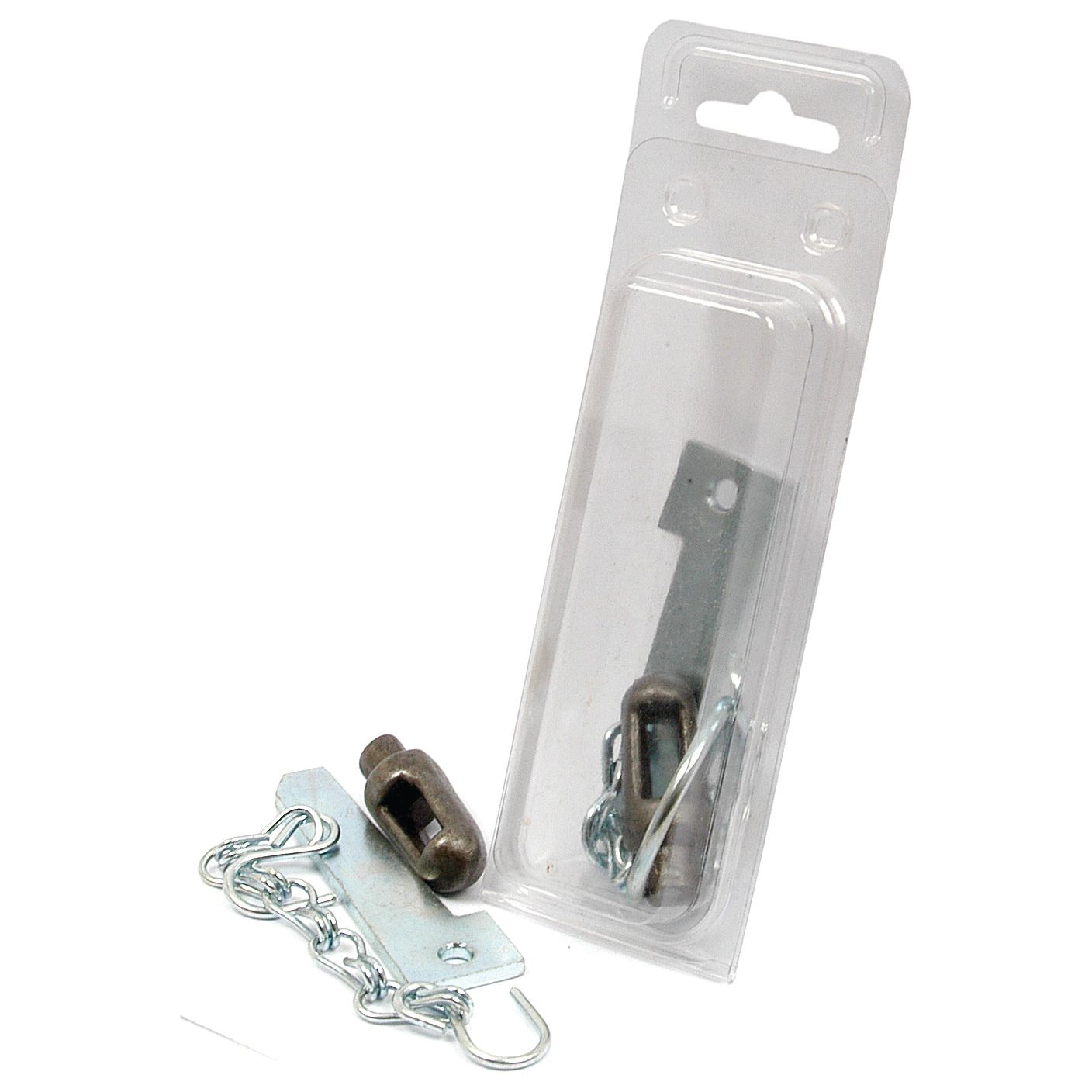 A metallic guard, reminiscent of the robust quality associated with Sparex products, is placed next to its partially open clear plastic packaging. This particular product, identified as the Trailer Board Stub/Pin Pak (Sparex Part No.S.12119), comprises a chain and metal components designed for securing doors.