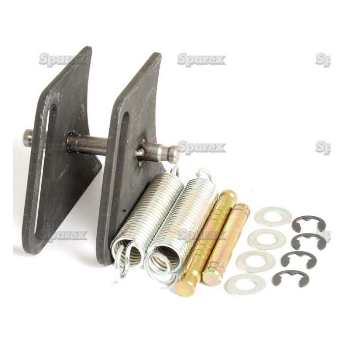 The TRAILER BRAKE ASSEMBLY-ROUND by Sparex (Sparex Part No. S.12700) includes a perfect set of hardware components for your trailer brake needs, featuring two metal plates, two tension springs, two pins, washers, and retaining clips all arranged on a white background.