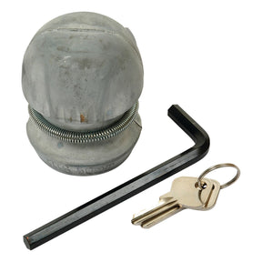 The Sparex TRAILER HITCH LOCK-C/W KEYS - S.14340 comes with a hex key and two keys on a key ring, making it perfect for securing various trailers.