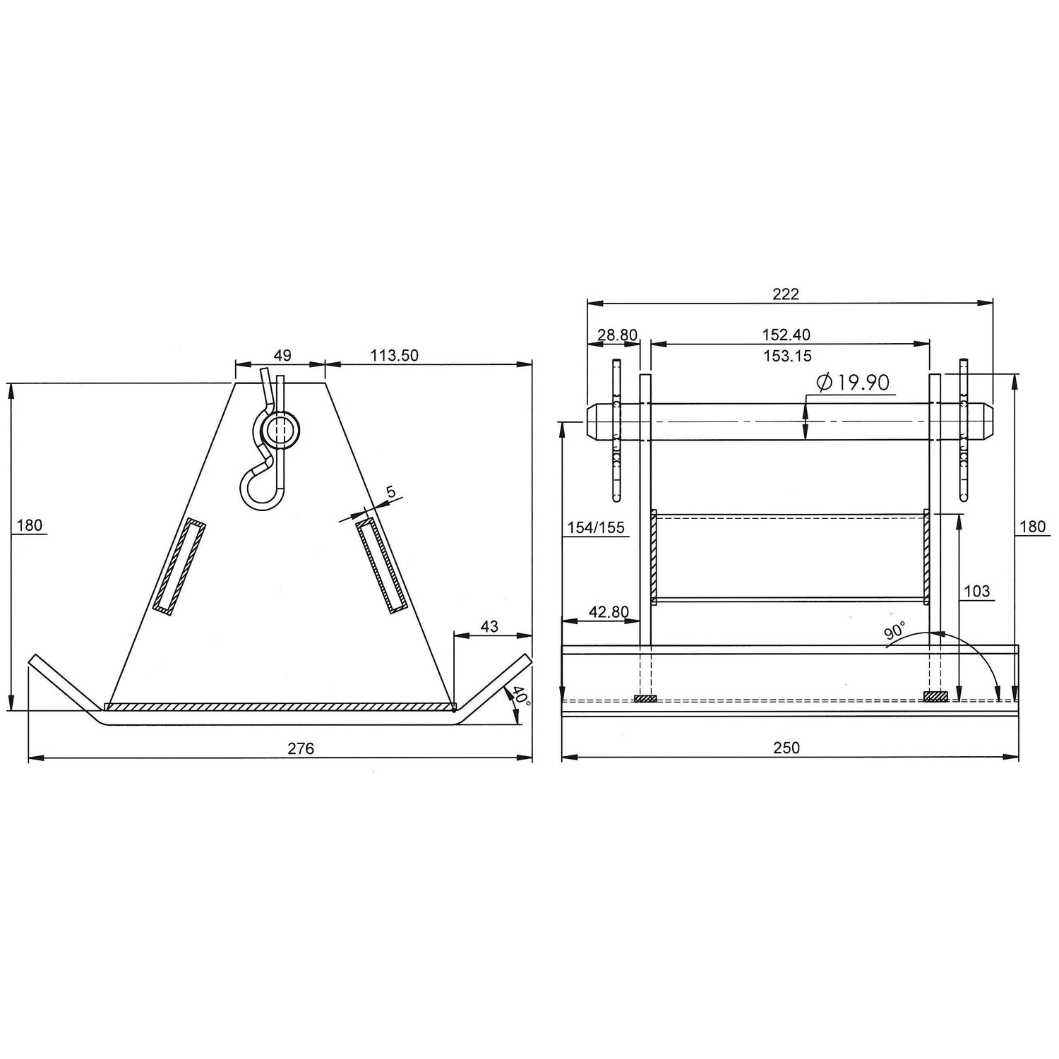 The technical diagram of the Trailer Skid (Sparex Part No. S.20899) by Sparex showcases front and side views with dimensions labeled in millimeters. Key features include a triangular frame with a top hook, two side brackets, and a cylindrical rod, which is often classified under the appropriate tariff code.