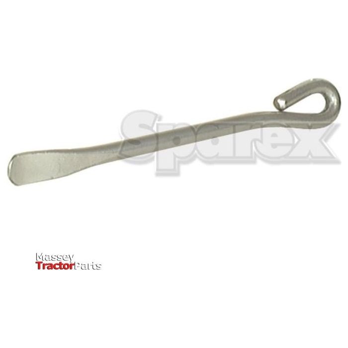 A metal linchpin with a curved end, often used in agricultural machinery, is pictured alongside a 12-inch tyre lever labeled "Tyre Lever 12'' | Sparex Part No.S.19348." The brand "Sparex" and "Massey Tractor Parts" are visible in the background.