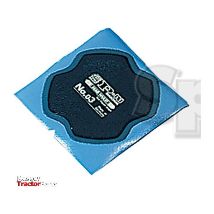 The Tyre Repair Patches 80mm by Sparex (Part No. S.31435) are square, blue and black patches labeled "TJ Patrick, Model No. 03" on a white background, ideal for tyre repairs.
