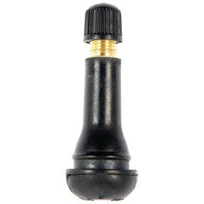 Close-up image of a Tubeless Tyre Repair Valve, Ref. TR414 (100), 51mm black rubber with a threaded brass base and cap at the top, from Sparex Part No. S.23544.