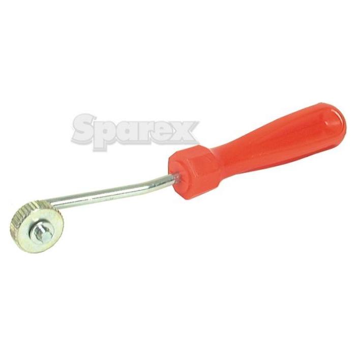 A red-handled tool with a metal wheel at the end, used for stitching or marking, is shown against a white background. This versatile item, known as the Tyre Tube Patch Roller from Sparex (Part No. S.19823), is ideal for precision work in various applications.