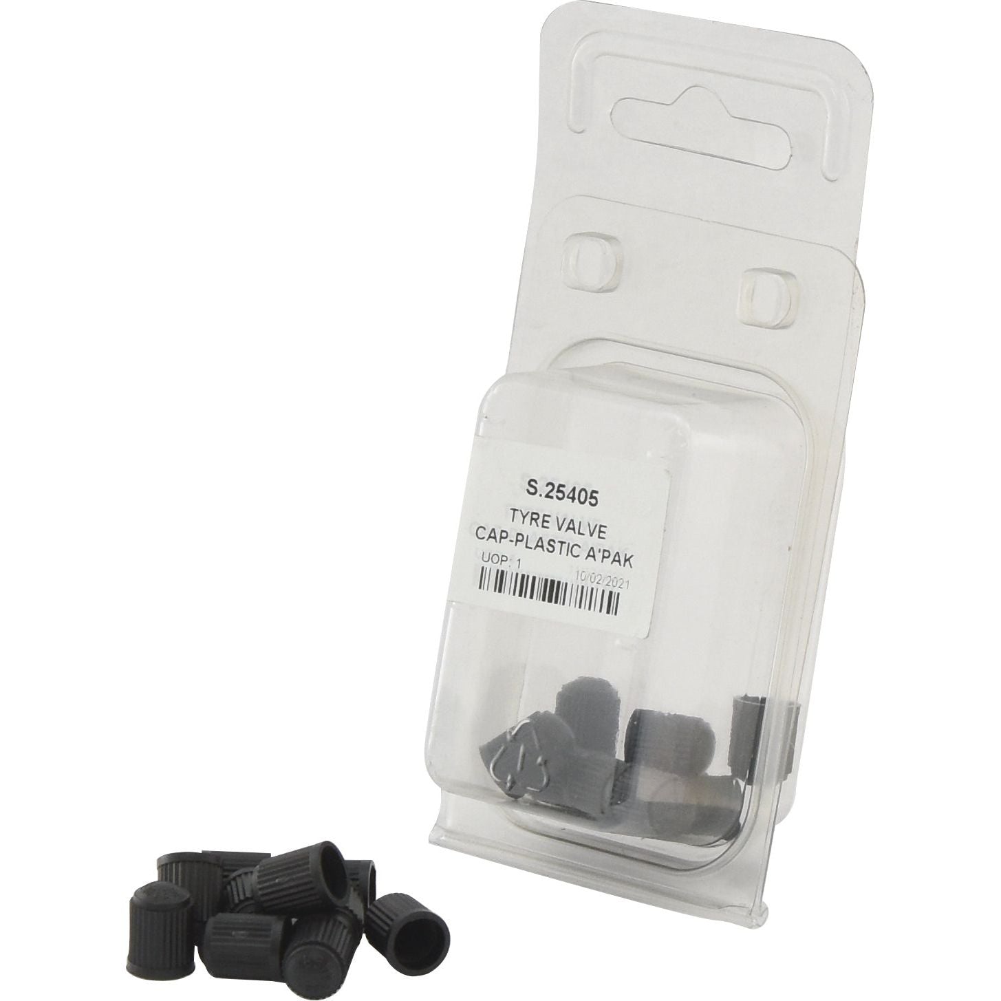 A package labeled "Tyre Valve Cap Plastic Agripak 10 pcs." by Sparex, featuring several black plastic tire valve caps, is shown.